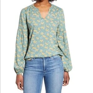 Caslon Split Neck Top in Green Yellow Mia Floral size small 100% Modal
